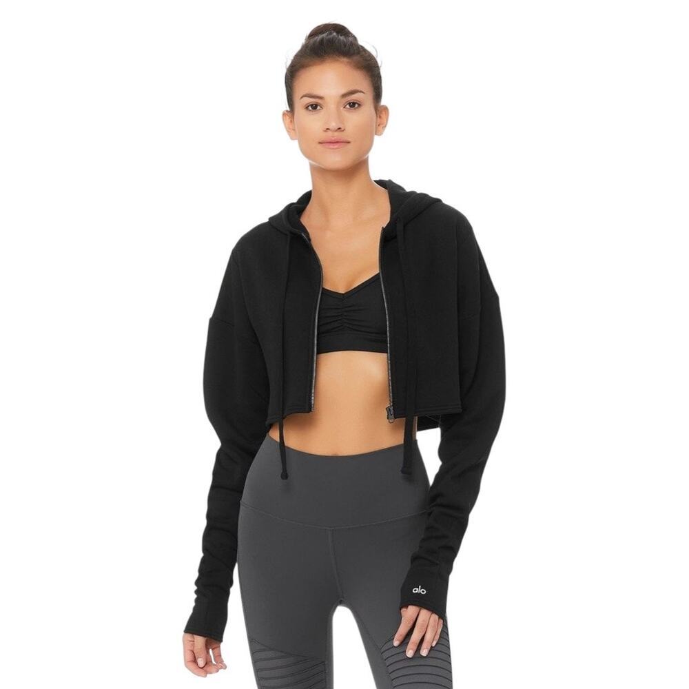 Alo Yoga Cropped Gym Zip-Up Hoodie Black Womens XS Thumbholes Long Sleeve Jacket - Picture 2 of 14